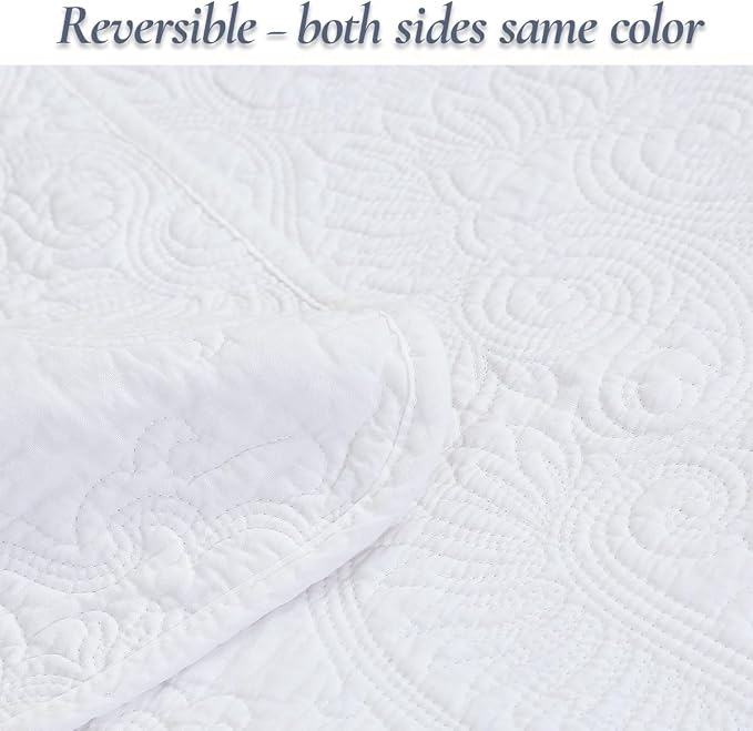 Cozy Line Home Fashions Solid White 100% Cotton Quilt Set, Queen | 3-Piece, Textured Damask Stitch Bedspread with King Shams, Quilted, Elegant All Season Hotel Style Bedding