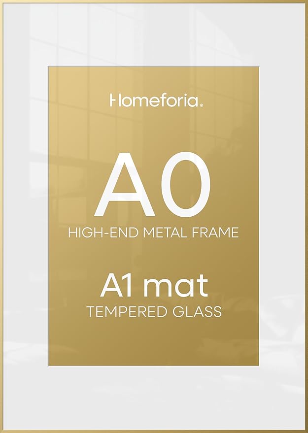 Homeforia A0 Gold Poster Frame, High-End Metal, A1 Mat, Glass