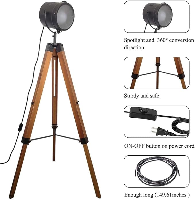 Adjustable Vintage Wood Tripod Floor Lamp for Living Room, Spotlight Black