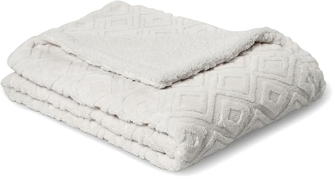 EverGrace Jacquard Reversible Sherpa Throw Blanket, 90" x 90", Off White | Jacquard Sherpa Throw Blanket, Super Soft, Cozy Plush Blanket, Reversible Thick Warm Throw for Bed, Sofa, Living Room