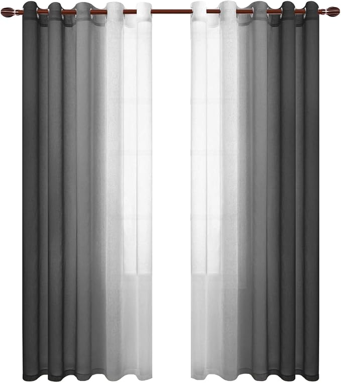 DWCN Black Ombre Faux Linen Sheer Curtains - Extra Wide Gradient Semi Voile Light Filtering Grommet Top Bedroom and Living Room Curtains, 60 x 84 Inches Long, Set of 2 Window Curtain Panels