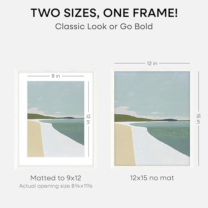 Homeforia 12x15 White Oak Picture Frame, High-End Wood, 9x12 Mat, Glass