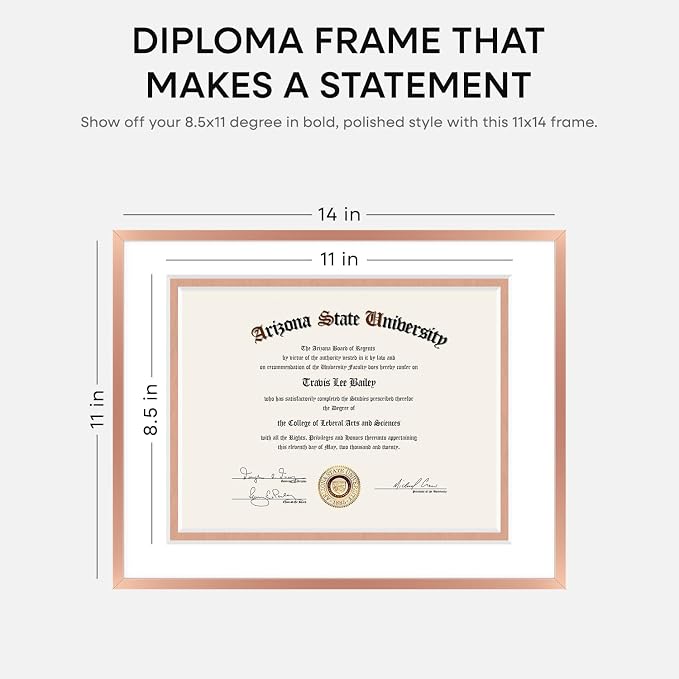 Homeforia 11x14 Rose Diploma Frame, High-End Metal, 8.5x11 Mat, Glass