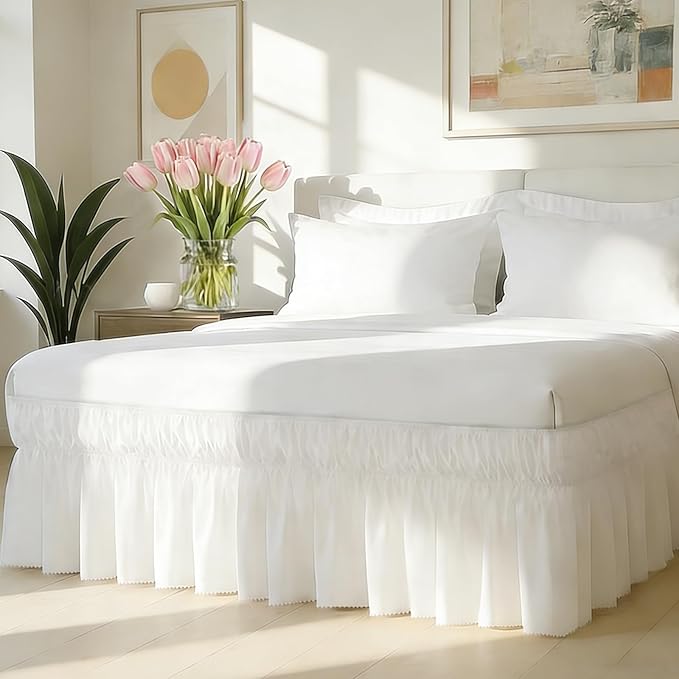 Twin Bed Skirt with Elastic Strap, Wrap Around Dust Ruffle with 16" Drop | Easy to Install on Bed Bases & Frames, Wrinkle-free, Machine Washable, Hotel Quality, White