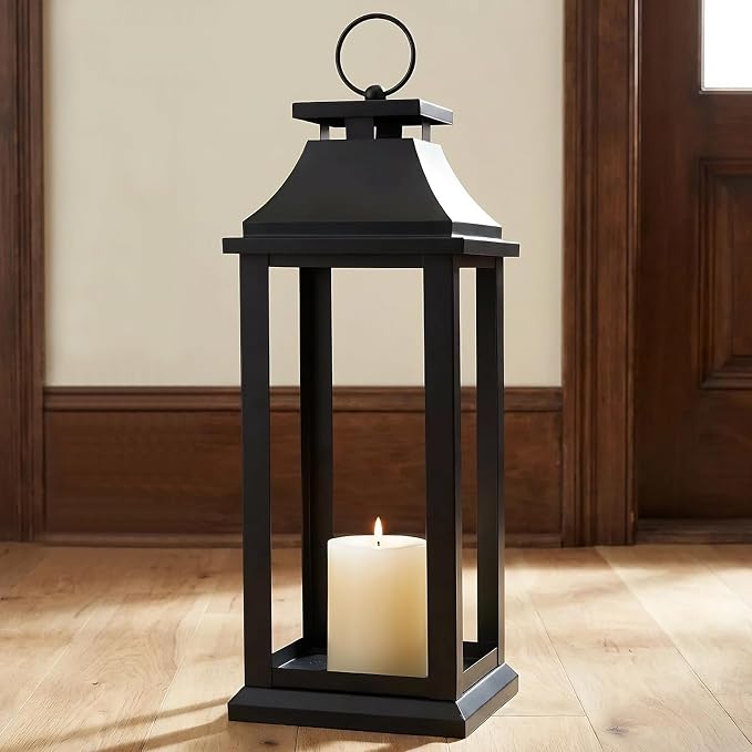 Modern Farmhouse Black Lantern Candle Holder – 22” Hanging Decorative Lantern for Indoor & Outdoor Home Décor – Ideal for Parties, Weddings, Porches, and Events (No Glass Panel), Size Large