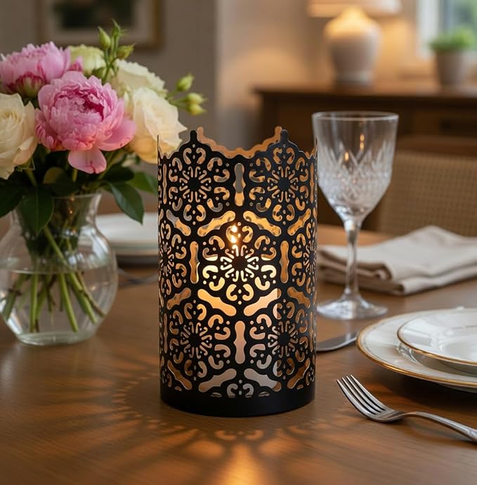 Hosley's Set of 2 Flower 7" High Cut Bronze Candle Holder & Lantern. Ideal for Use with Hosley Highly Scented Candles, Jar Candles. Can be Used as a Decorative Centerpiece in Your Living/Dining Room