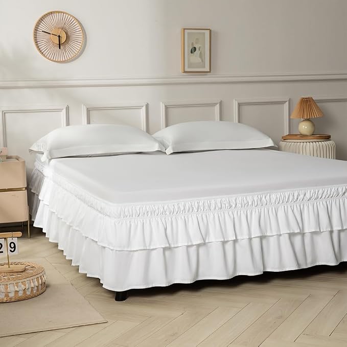 Double-Layered Ruffled Bed Skirt,White,Full/Queen, 14" Drop | Wrap Around, Adjustable Elastic, 2 Layer, Machine Washable Soft Fabric, Multi Ruffle Bedskirt