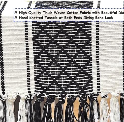 Coffee Table Runner 14 x 48 Inches Black & Cream Woven Washable Boho Tassel Dresser Scarf Topper for Furniture Farmhouse Short Table Cover with Fringe