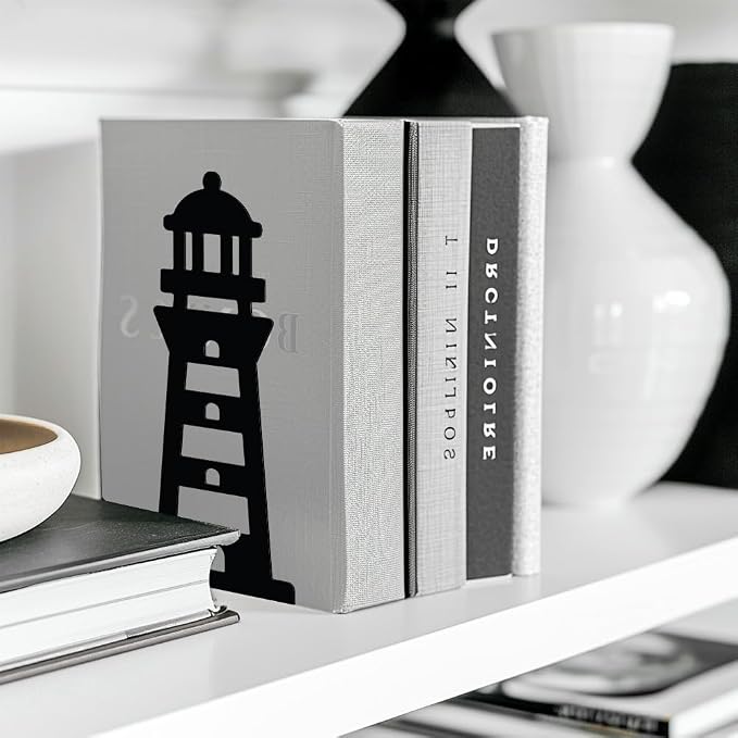 Peacoblue 5.3"x4.3"x7.9" Metal Bookends, Heavy Duty Book Ends for Shelves | Lighthouse Theme Cast Iron Book Supports, 1 Pair Decor Stoppers for Desk, Library, Office & Home Shelves