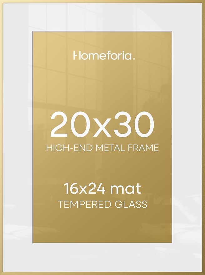 Homeforia 20x30 Gold Picture Frame, High-End Metal, 16x24 Mat, Glass