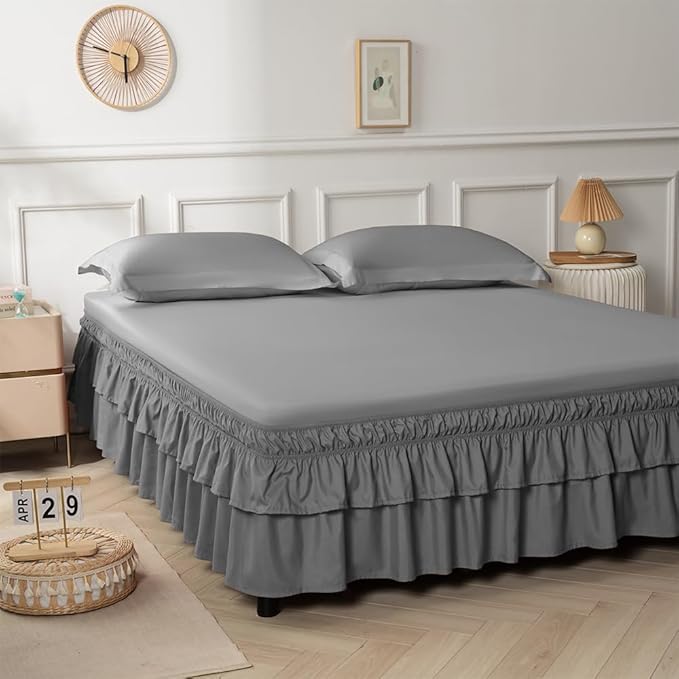 Double-Layered Ruffled Bed Skirt,Dark Gray,King/Cal King, 14" Drop | Wrap Around, Adjustable Elastic, 2 Layer, Machine Washable Soft Fabric, Multi Ruffle Bedskirt