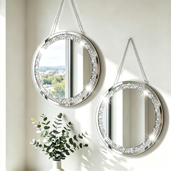QMDECOR Crystal Crush Diamond Silver Mirror 2 Pack Diameter 12inch Round Shape with Iron Chain Real Glass Mirror for Wall Decor