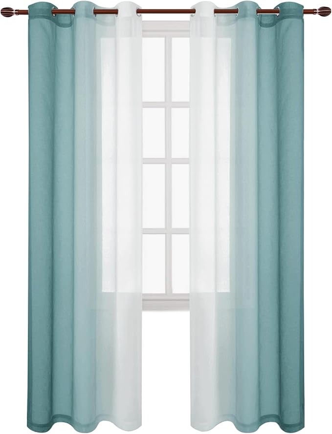 DWCN Ombre Sheer Curtains - 84 inches Long Faux Linen Gradient Semi Voile Curtains for Bedroom and Living Room, Set of 2 Grommet Top Window Curtain Panels, 42 x 84 Inches Long, Peacock Blue