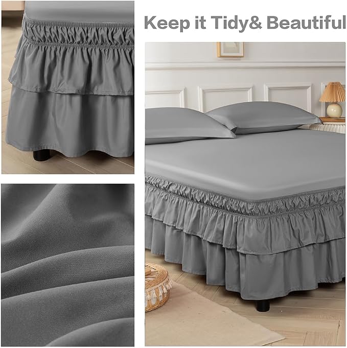 Double-Layered Ruffled Bed Skirt,Dark Gray,Twin/Twin XL, 14" Drop | Wrap Around, Adjustable Elastic, 2 Layer, Machine Washable Soft Fabric, Multi Ruffle Bedskirt