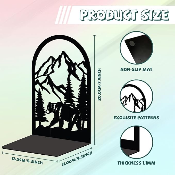 Peacoblue 5.3"x4.3"x7.9" Metal Bookends, Heavy Duty Book Ends for Shelves | Mountain and Forest with Bear Theme Cast Iron Book Supports, 1 Pair Decor Stoppers for Desk, Library, Office & Home Shelves