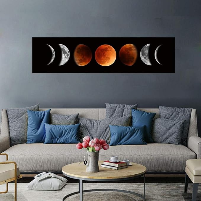 Moon Phase Wall Art, Black and Tawny Abstract Canvas Painting 47"x12" | Unframed canvas, ready to hang. Warm black & tawny moon phase art. Ideal for living room, bedroom, home office