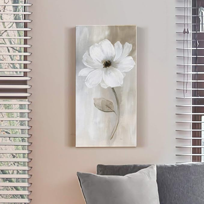 Renditions Gallery Canvas Floral Wall Art Modern Decorations Paintings Elegant White Rose Romantic Botanical Canvas Glam Wall Hanging Artwork for Bedroom Office Kitchen - 8"x16" LT43