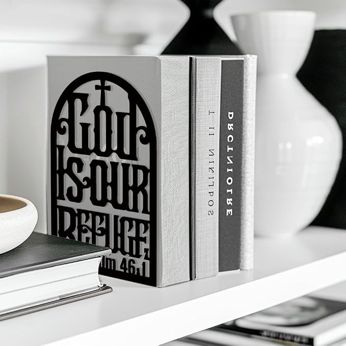 Peacoblue 5.3"x4.3"x7.9" Metal Bookends, Heavy Duty Book Ends for Shelves | Bible Theme Cast Iron Book Supports, 1 Pair Decor Stoppers for Desk, Library, Office & Home Shelves