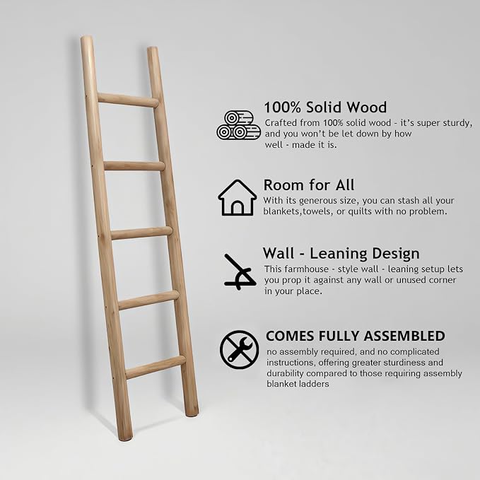 Wooden Blanket Ladder, Fully Assembled, Natural & Motley Wood - Leaning Wall Decor for Bedroom, Bathroom, Living Room - Rustic Quilt Holder & Towel Rack (Natural Wood Color 57in)