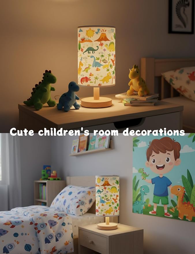 Dinosaur Lamp for Boys Room, 3 Colors Nightstand Light, Round Wood Base Flaxen Fabric Desk Lamp for Kids Room, Dino Lamp Gift for Boy (LED Bulb Included)