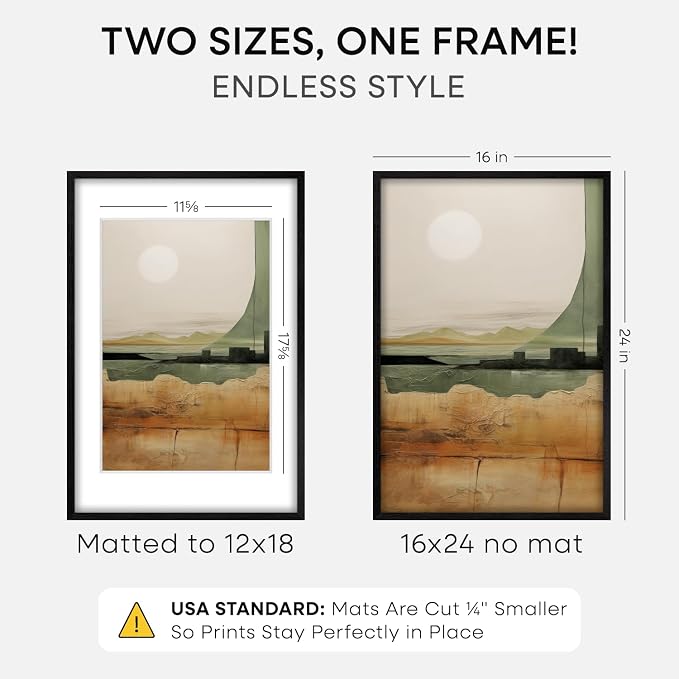 Homeforia 16x24 Black Oak Picture Frame, High-End Wood, 12x18 Mat, Glass
