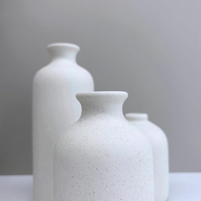 Small White Ceramic Vase Set of 3,Modern Boho Farmhouse Flowers Vases | Decorative Vase for Dried Flowers,Pampas Grass,Home Decor,Shelf,Bathroom,Centerpiece for Entryway Table Distressed