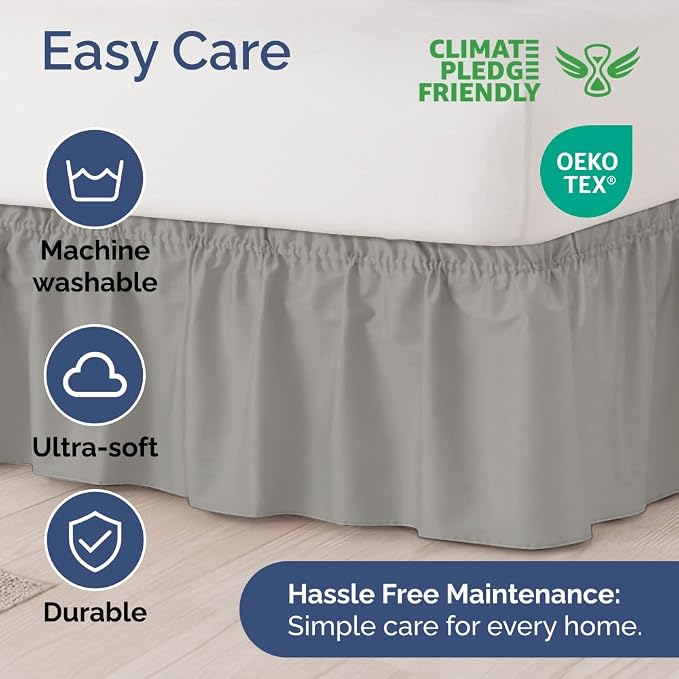 Wrap Around Dust Ruffle Bed Skirt, Queen Size - 24 Inch Drop, Light Grey | Easy Fit Elastic Strap, Adjustable Pleated Bedskirt w/Brushed Fabric, Wrinkle & Fade Free, for Women, Men, Kids & Teens