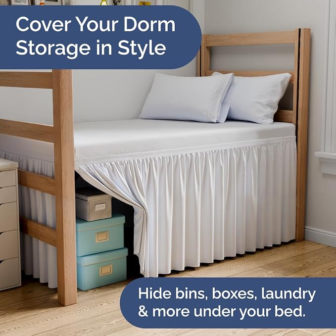 Dorm Room Bed Skirt Twin XL - College Dorm Room Essentials - White, 34 Inch | Extra Long Dust Ruffled College Bedskirt with Split Corners, Easy Fit Elastic Strap, Adjustable, Fade & Wrinkle Free