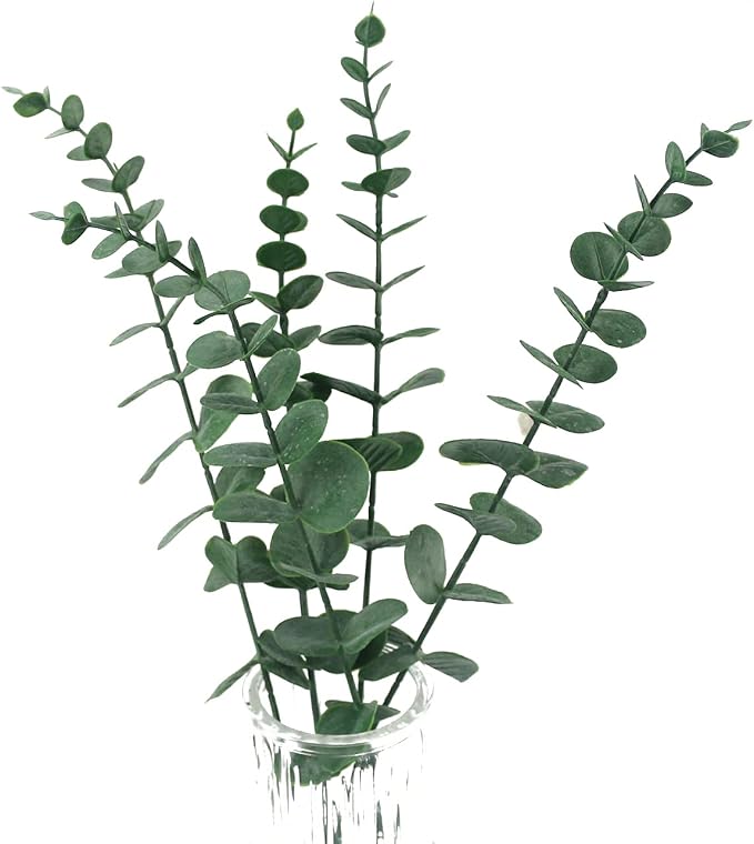 Tinsow 10 PCS Real Touch Leaf Artificial Eucalyptus Stem Faux Eucalyptuses Wedding Bouquet Centerpiece Home Decor (Green, 10)