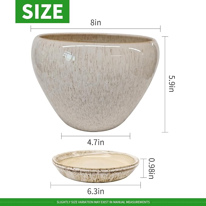 Deep Dream 8 Inch Plant Pots- Ceramic Pots for Plants with Drainage Hole and Saucer, Large Planter Pot for Indoor Plants Outdoor Decor, Beige