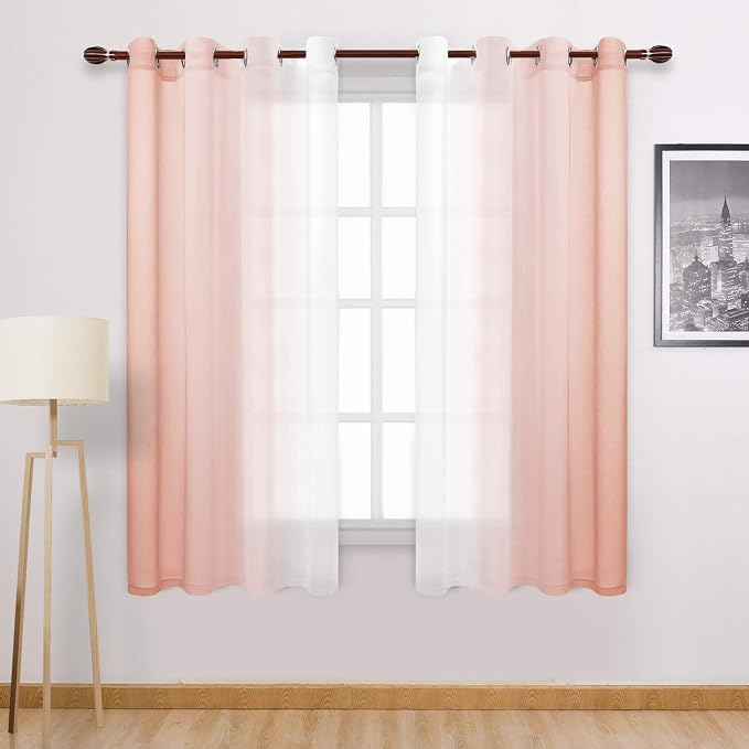 DWCN Ombre Sheer Curtains - Faux Linen Semi Voile Gradient Bedroom and Living Room Curtains, Set of 2 Grommet Top Window Drape Panels, 52 x 63 Inch Length, Blush