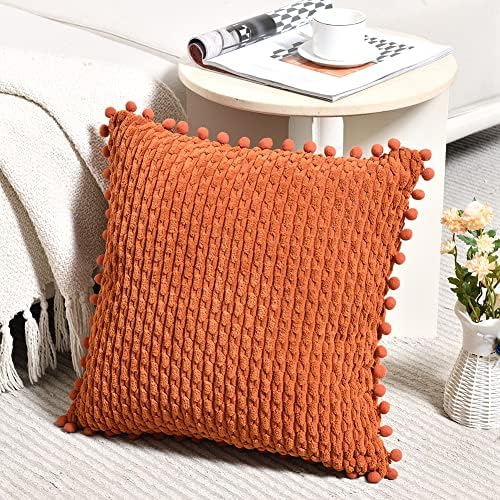 Fancy Homi Set of 2 Rust Decorative Throw Pillow Covers 18x18 Inch with Pom-poms for Couch Bed Sofa, Modern Farmhouse Boho Home Decor, Soft Plush Corduroy Terracotta Cushion Case 45x45 cm