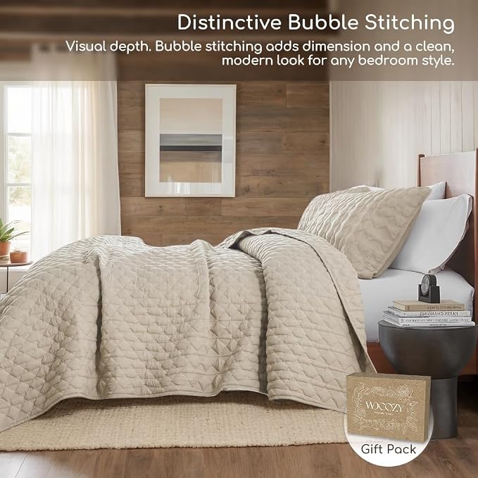 Beige Quilt King Size Bedding Sets with 2 Pillow Shams, Lightweight Soft Bedspread Coverlet, Quilted Blanket Thin Comforter Bed Cover, All Season Summer Spring, Tan Cream, 3 Pieces, 104x90 inches