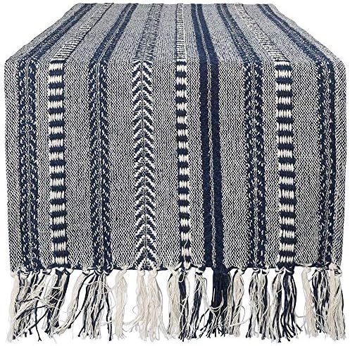 DII Farmhouse Braided Stripe Table Runner Collection, 15x108 (15x113, Fringe Included), Navy Blue