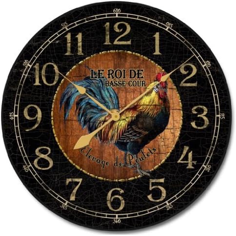 Black & Wood Rooster Wall Clock | Ultra Quiet Quartz Mechanism | Hand Made in USA Beautiful Crisp Lasting Color | Comes in 8 Sizes | 12-Inch