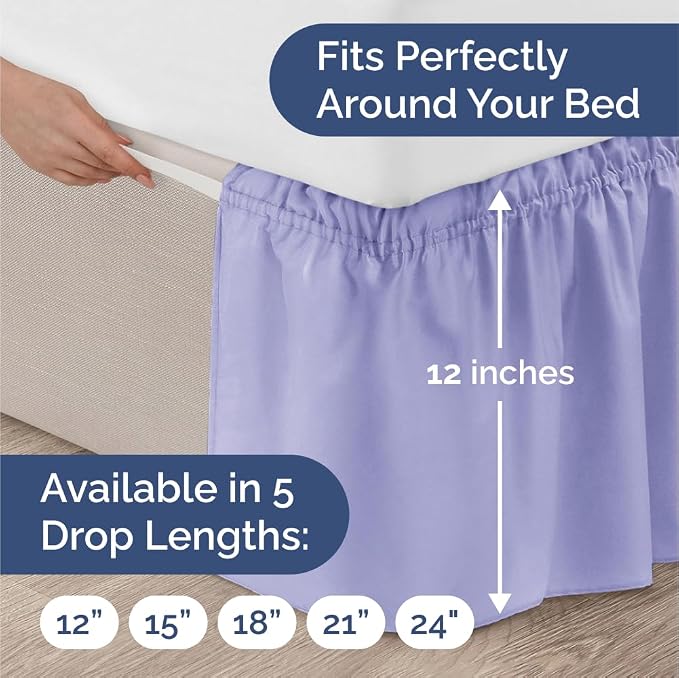 Wrap Around Dust Ruffle Bed Skirt - College Dorm Room - Twin/Twin XL | Lavender, 12 Inch Drop, Elastic Strap & Adjustable Pleated Bedskirt, Wrinkle Free, for Women, Men, Students, Kids & Teens