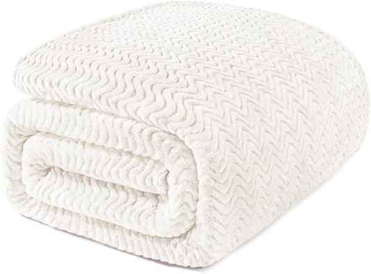 Exclusivo Mezcla Soft Fleece Blanket Twin Size for Bed, Sofa, Ivory | 90"x66" Breathable Lightweight Flannel Blanket for Summer, Plush Cozy Jacquard Wave for Home Decor