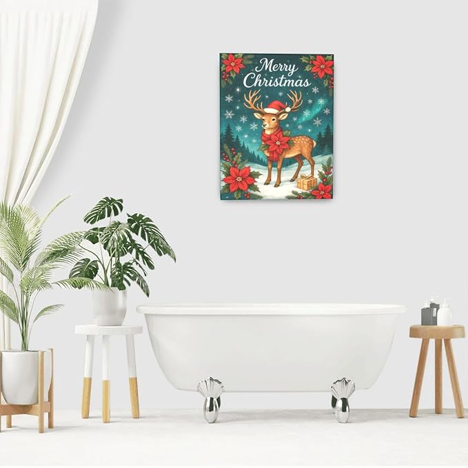Reindeer Merry Christmas Wall Art Winter Reindeer Deer Poinsettia Canvas Wall Decor Elk Pictures Painting Print Framed Artwork Decorations Gifts for Living Room Bedroom Office 16"x20"
