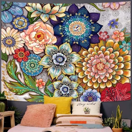 Neasow Colorful Floral Tapestry Wall hanging, Bright Boho Fabric Blossom Tapestries, Multi Color Tapestry for Bedroom Home Hippie Wall Decor 60×80 inch