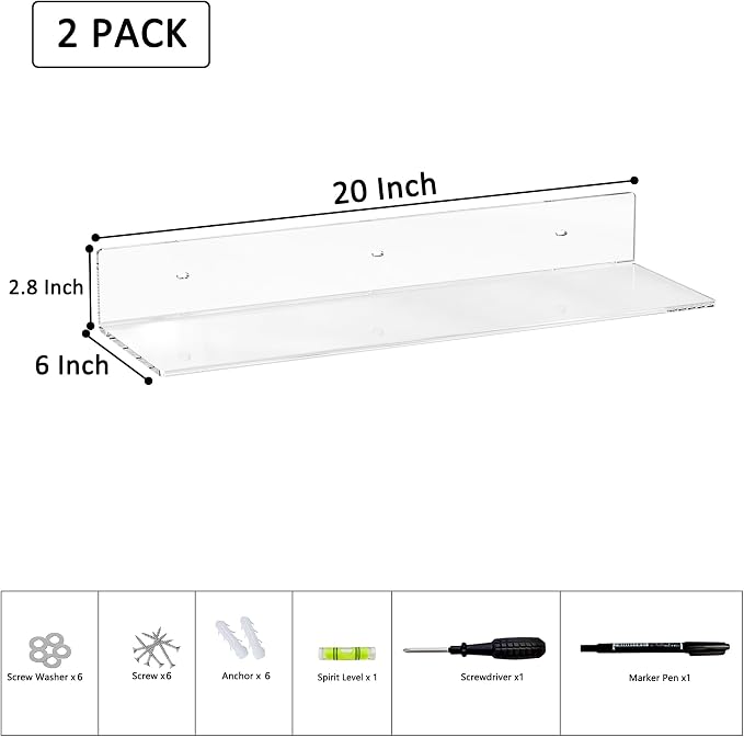 Sezanrpt 20 Inch Clear Wall Shelves for Wall, Wall Mounted Acrylic Floating Shelf for Plants, Speaker, Radio, Funko Pop, Stuffed Animal, Books, Cosmetics, Toiletries, 2 Pack (20 Inch)