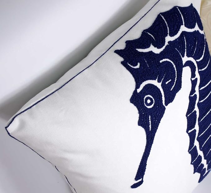 Embroidered Nautical Decor Pillow Cover,Square 18 Inches Decorative Canvas Pillow Cover for Nautical Style Deco by (Navy-Seahorse-New)