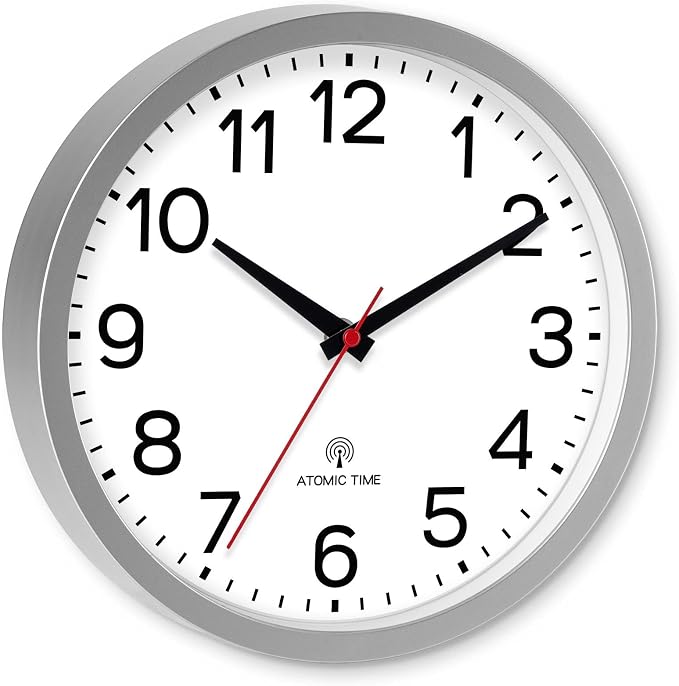 AKCISOT 12 Inch Wall Clock, Silent Battery Operated Analog Clock, Silver | Atomic | Office | Kitchen | Living Room | Classroom | Easy-to-read Numbers