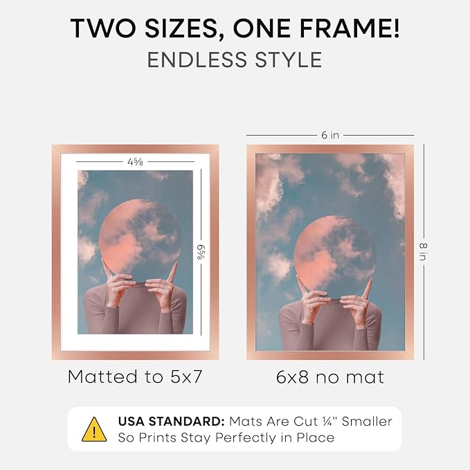 Homeforia 6x8 Rose Picture Frame, High-End Metal, 5x7 Mat, Glass