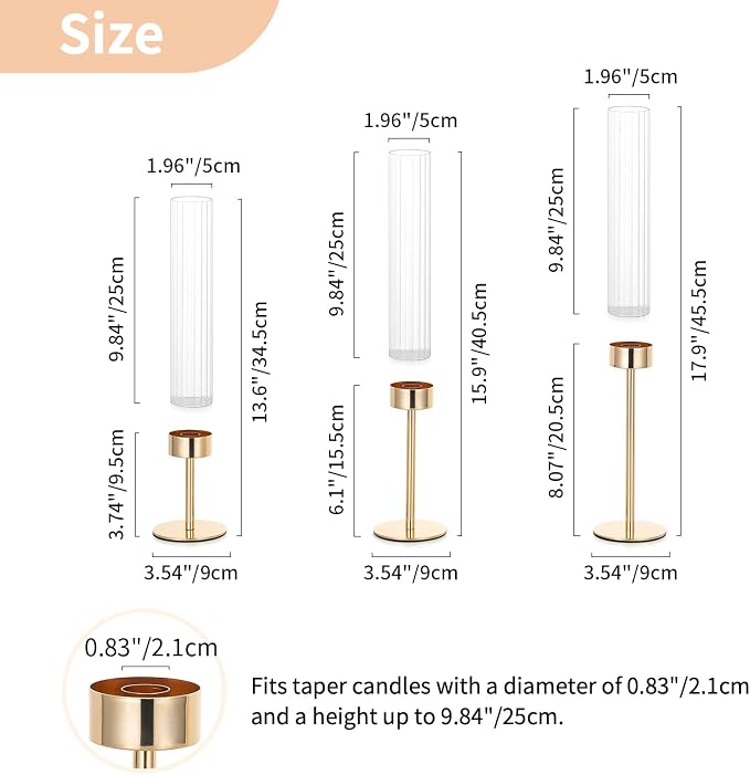 NUPTIO Hurricane Candle Holder for Centerpiece: Set of 6 Tall Candle Stick Holder with Ribbed Glass Cover - Bulk Fluted Taper Candlestick Decor for Living Room Thanksgiving Christmas