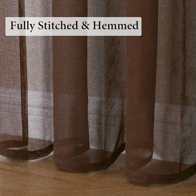 MIULEE Chocolate Brown Linen Textured Semi-Sheer Curtains 54W×96L 2 Panels | Semi Transparent, Farmhouse, Window Net Panels with Rod Pocket for Bedroom Living Room