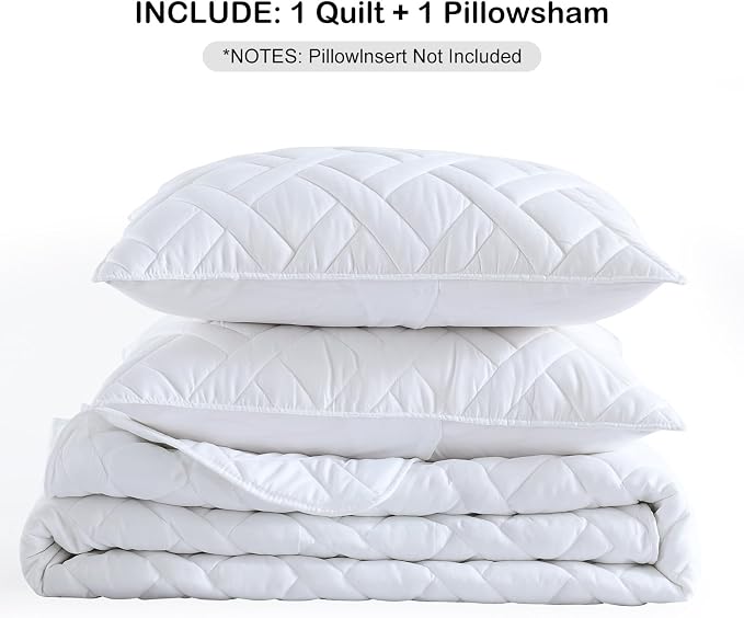 HORIMOTE HOME Quilt Set Twin Size White, Classic Geometric Diamond Stitched Pattern, Ultra Soft Microfiber Lightweight Bedding Set Bedspread Coverlet for All Season (1 Quilt and 1 Pillow Sham)
