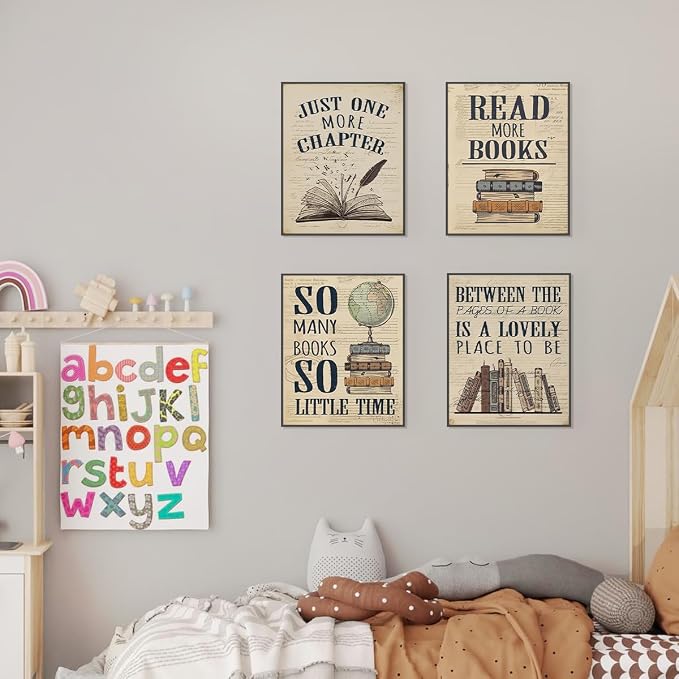 PLKMN Vintage Reading Posters for Library,Bookish Gifts | Book Club Decorations,Vintage Book Wall Art 8x10,Wall Decor for Reading Nook High School Classroom,Set of 4 Unframed