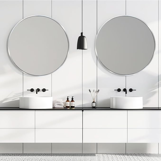 18 inch Round Silver Mirror, Circle Mirror, Brushed Nickel, Chrome | Metal Frame, Small Circular Wall Decorative Mirrors for Bathroom, Kids Room, Nursery, Vanity, Bedroom, Entryway, Living Room