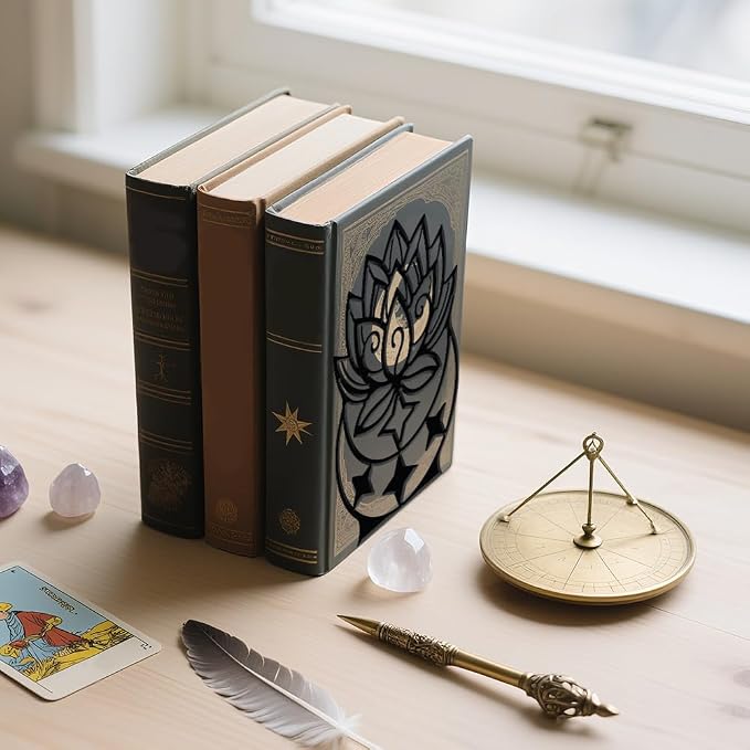 WADORN Lotus Moon Metal Decorative Bookend for Shelves 1 Pair, Heavy Duty Book Ends Unique Non-Skid Books Holder Stand Black Book Support Stoppers for Desk Bookshelf Office Home, 5.3x4.3x7.9 Inches