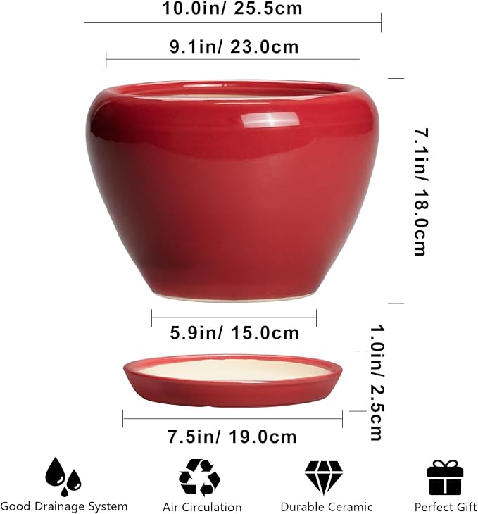 Ceramicfor 10 Inch Plant Pot, Ceramic Planter for Indoor Plants, Glossy Red | Round Planter with Drainage Hole and Saucer, Glaze, Modern, Home Room Garden Decor, Gifts for Plant Lovers